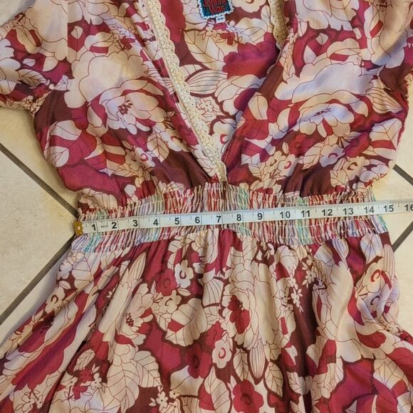 Johnny Was Silk Long Sleeve Blouse V Neck Pink Cream Elastic Waist Size XS - Picture 7 of 8